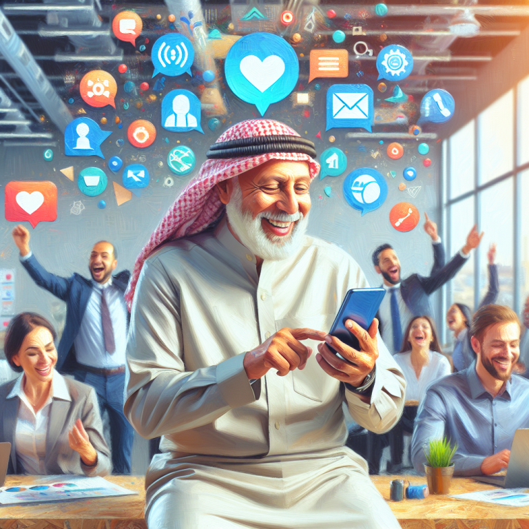 Illustration of happy senior using cell phone in a tech-enabled workspace setting, with a creative mood.