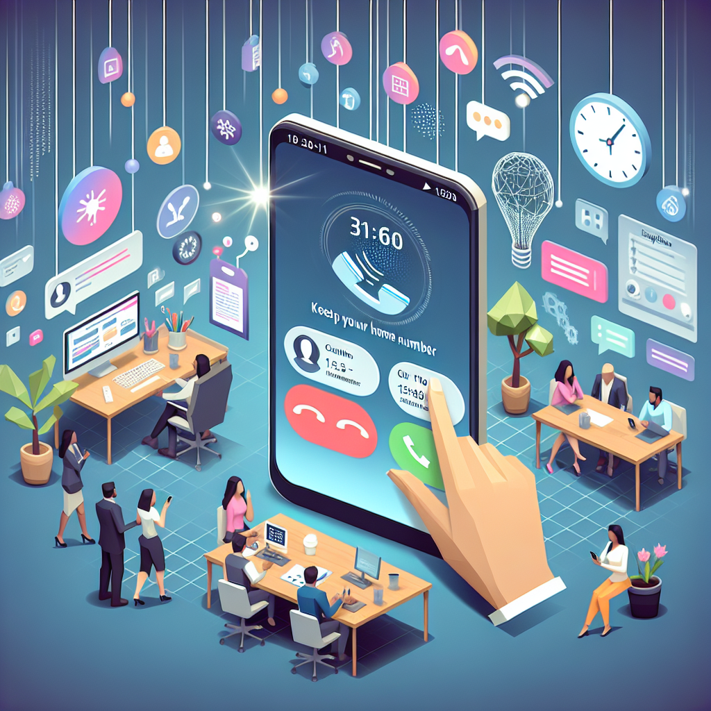 Illustration of mobile displaying call from business number in a tech-enabled workspace setting, with a inspired mood.
