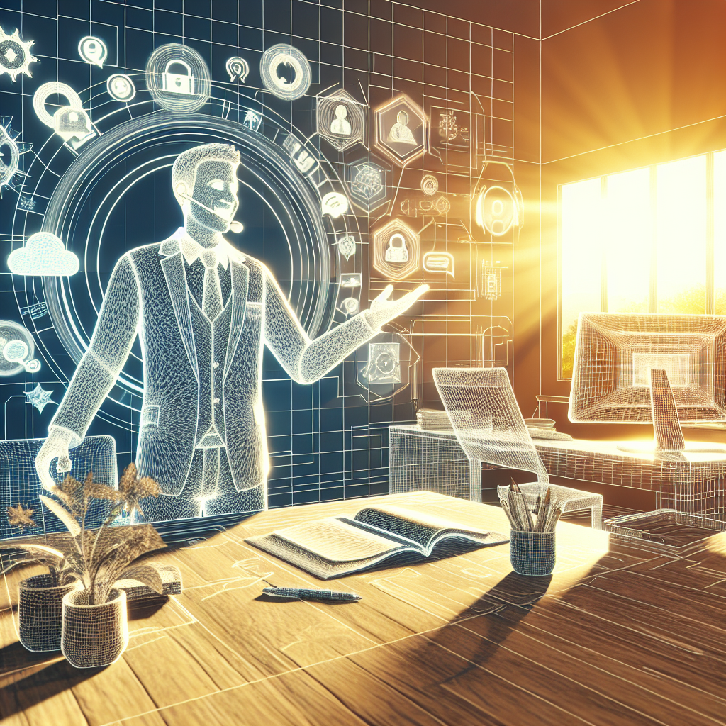 Illustration of friendly customer support agent in a sunlit home office setting, with a inspired mood.
