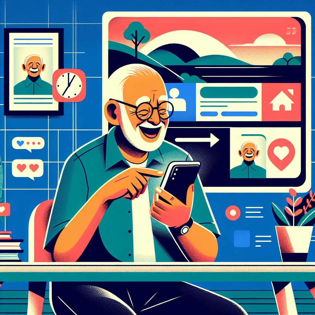 Illustration of happy senior using cell phone in a minimalist desk scene setting, with a focused mood.