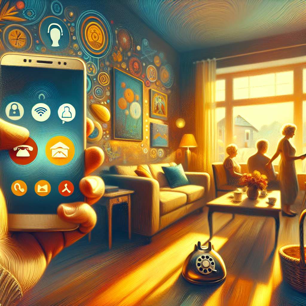 Illustration of smartphone with call screen open in a cozy living room setting, with a creative mood.