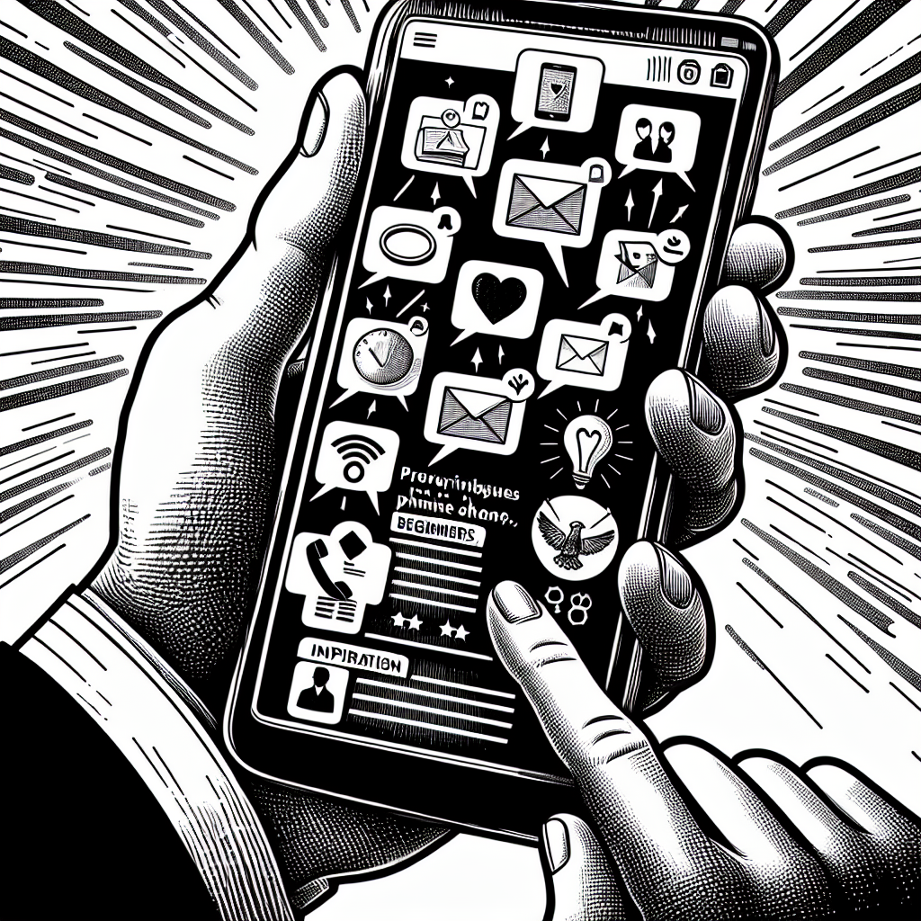 Illustration of hand holding mobile phone in a simple mobile interface setting, with a inspired mood.