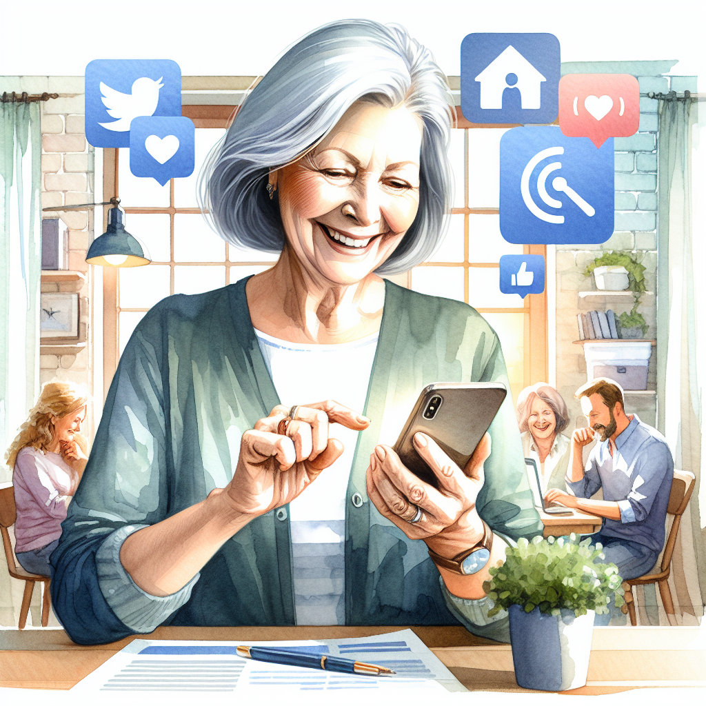 Illustration of happy senior using cell phone in a sunlit home office setting, with a creative mood.