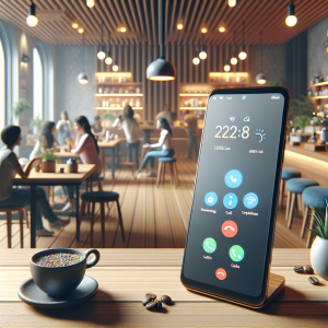 Illustration of smartphone with call screen open in a coffee shop interior setting, with a relaxed mood.