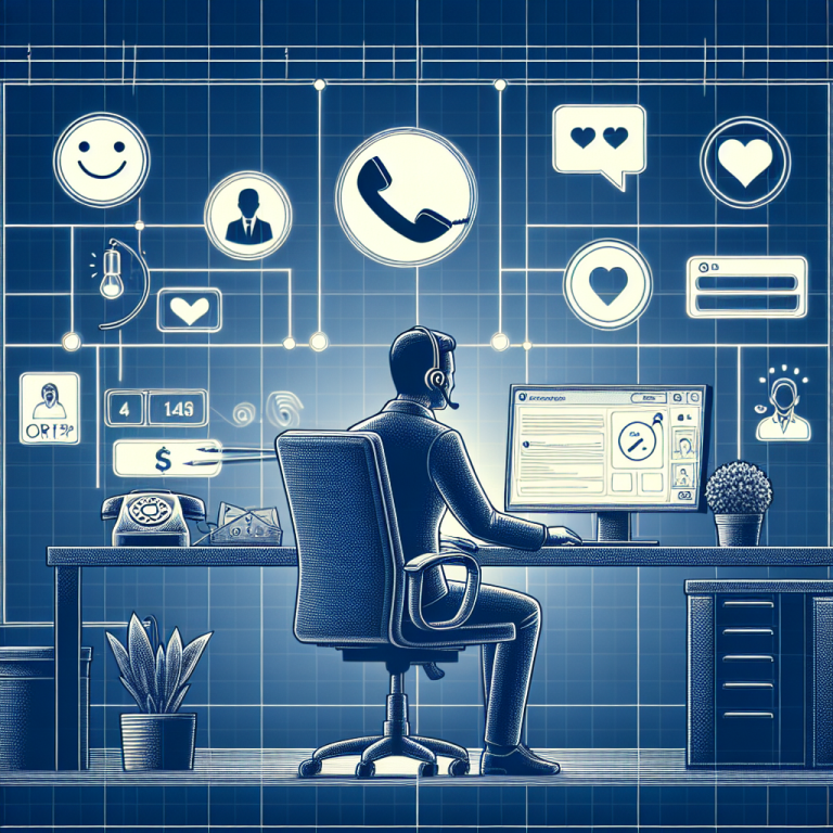 Illustration of friendly customer support agent in a minimalist desk scene setting, with a determined mood.