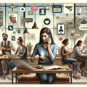 Illustration of small business owner answering call in a coffee shop interior setting, with a creative mood.