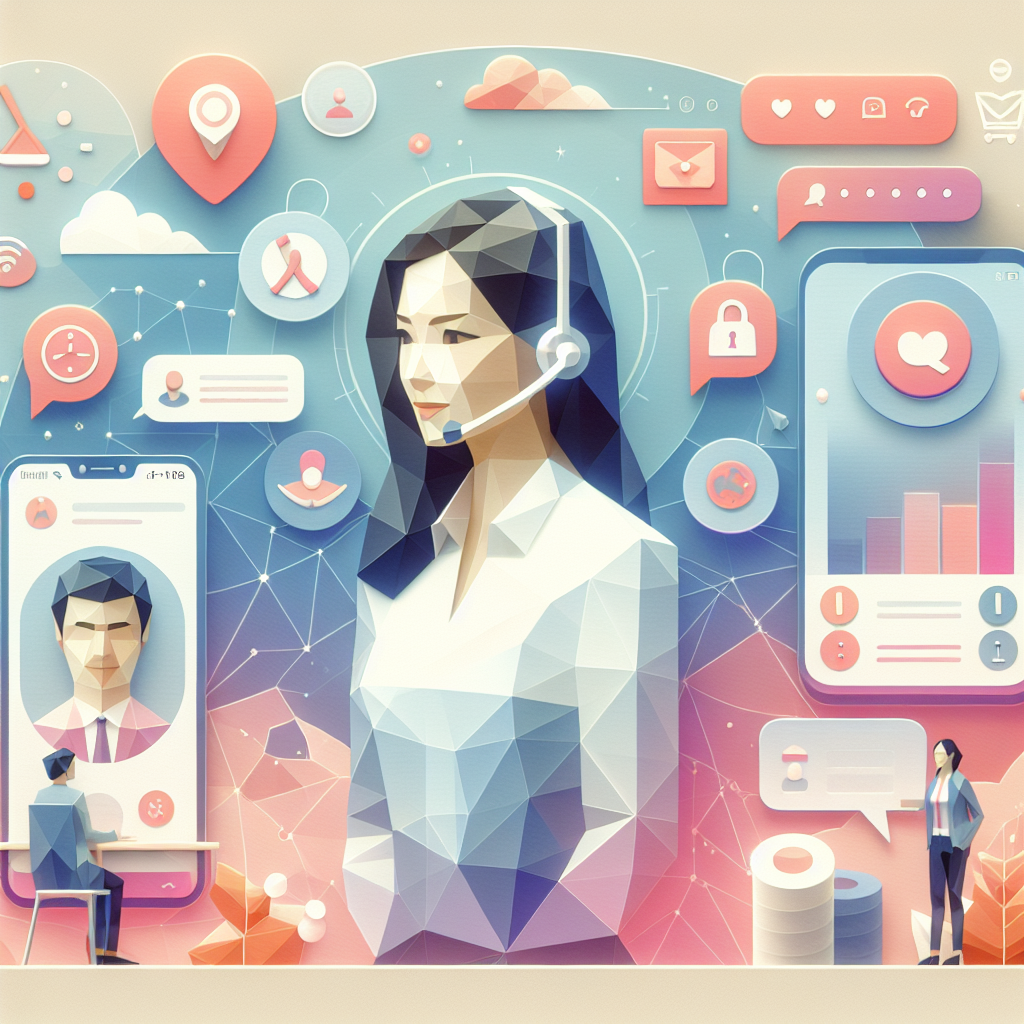 Illustration of friendly customer support agent in a simple mobile interface setting, with a determined mood.