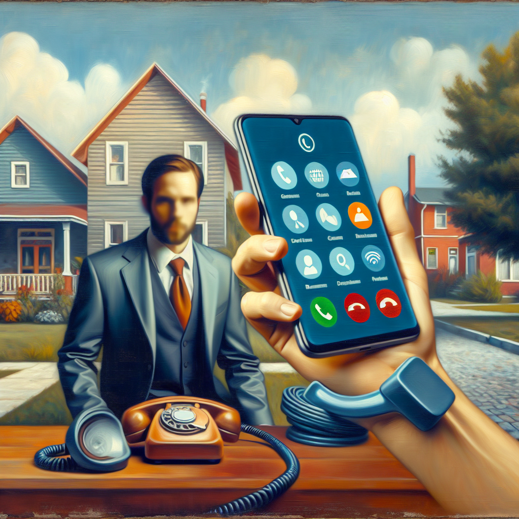 Illustration of smartphone with call screen open in a suburban home setting, with a determined mood.