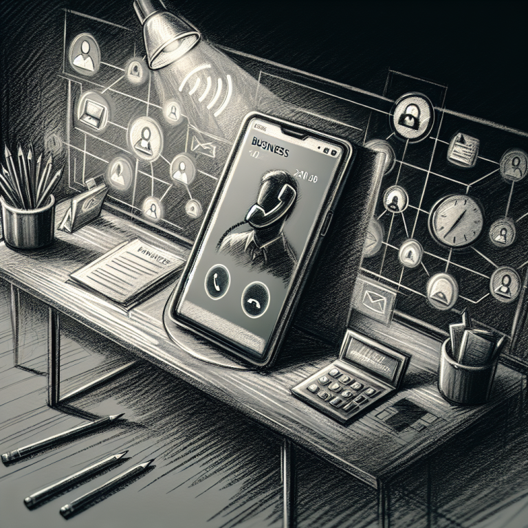 Illustration of mobile displaying call from business number in a tech-enabled workspace setting, with a happy mood.