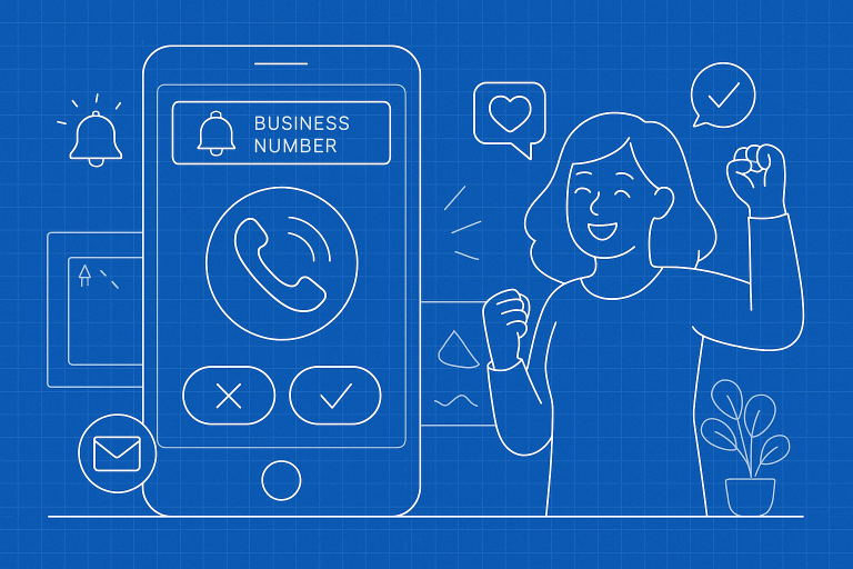 Illustration of mobile displaying call from business number in a simple mobile interface setting, with a happy mood.