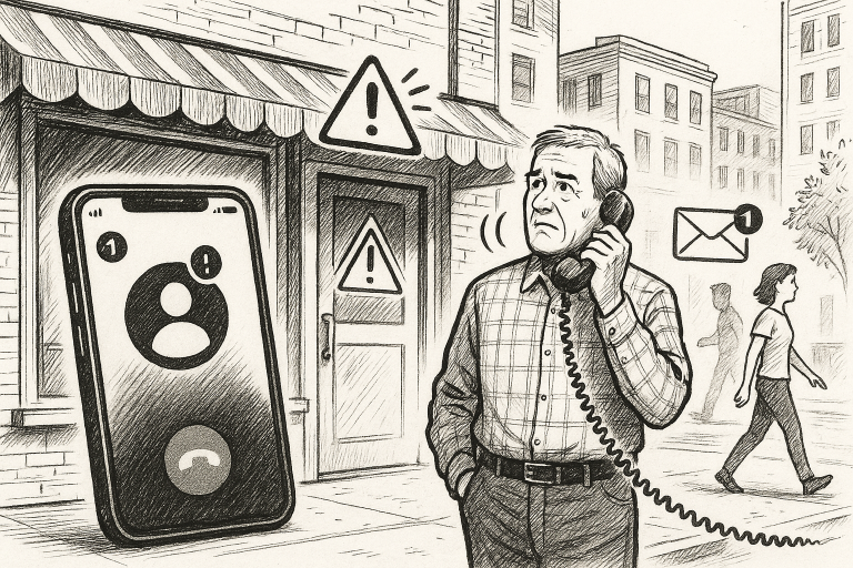 Illustration of smartphone with call screen open in a urban small business storefront setting, with a determined mood.