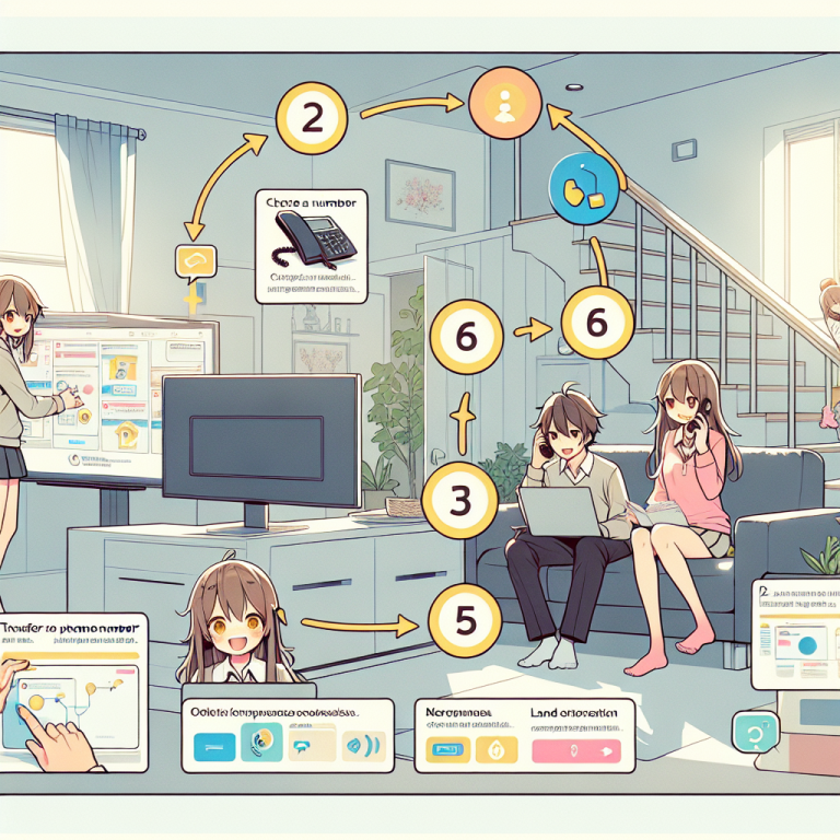 Illustration of infographic showing phone number transfer in a suburban home setting, with a happy mood.