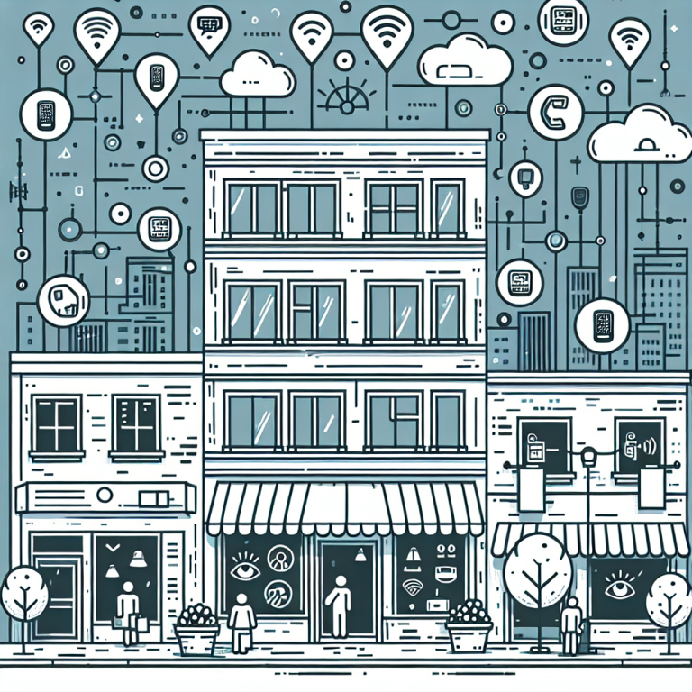 Illustration of clusters of telecom icons in a urban small business storefront setting, with a focused mood.