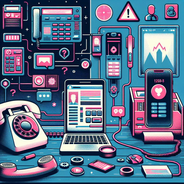 Illustration of landline phone next to smartphone in a tech-enabled workspace setting, with a determined mood.