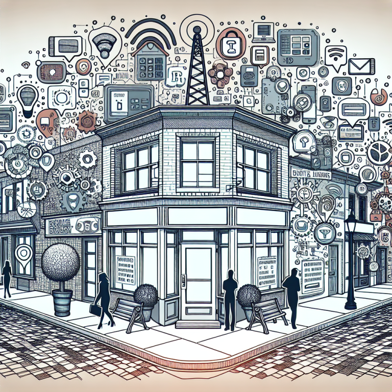 Illustration of clusters of telecom icons in a urban small business storefront setting, with a creative mood.