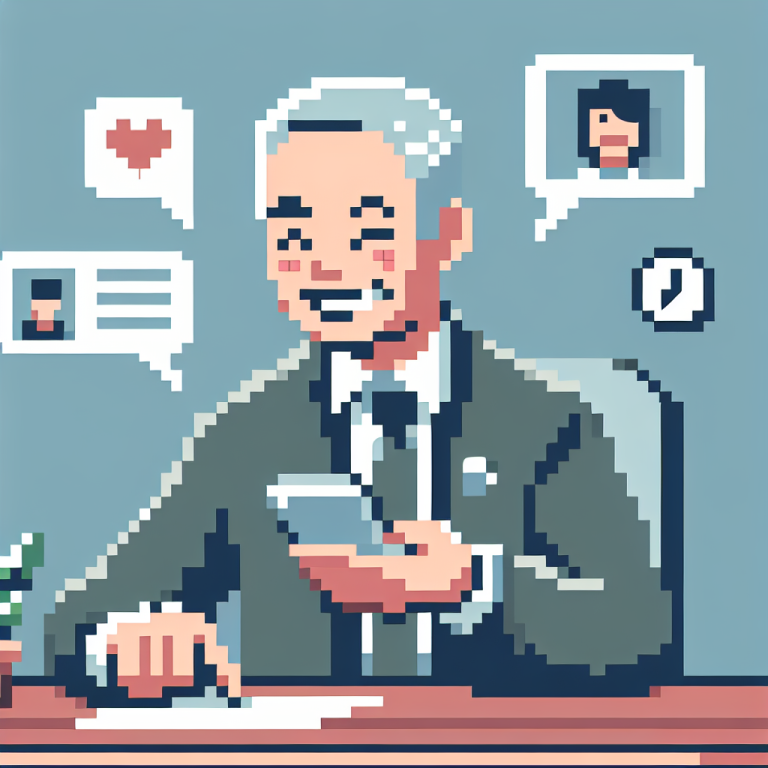 Illustration of happy senior using cell phone in a minimalist desk scene setting, with a determined mood.