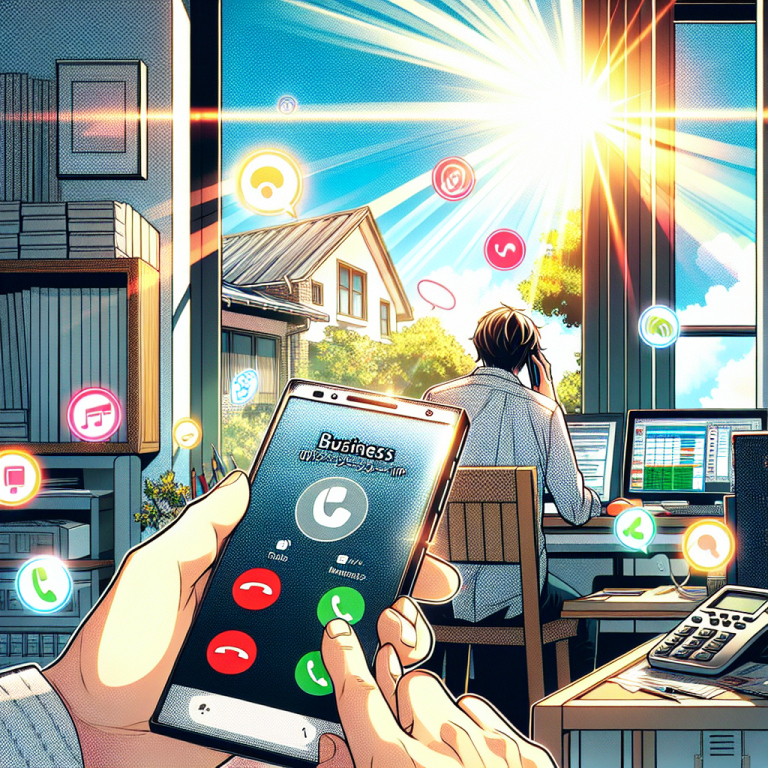 Illustration of mobile displaying call from business number in a sunlit home office setting, with a focused mood.