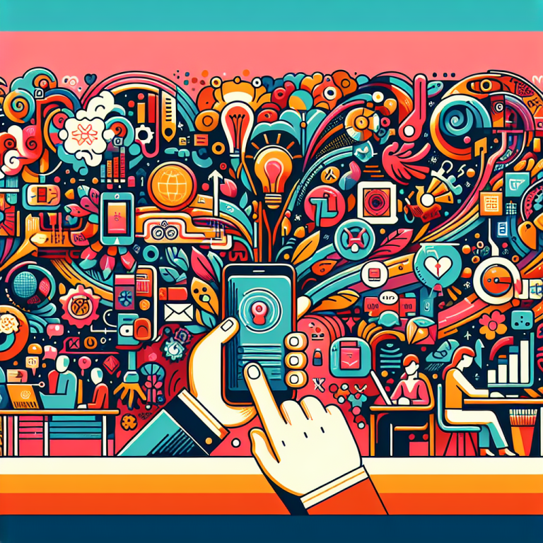 Illustration of hand holding mobile phone in a tech-enabled workspace setting, with a creative mood.