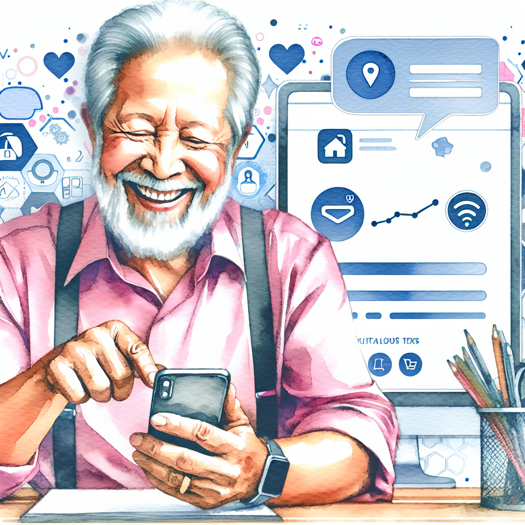 Illustration of happy senior using cell phone in a tech-enabled workspace setting, with a creative mood.