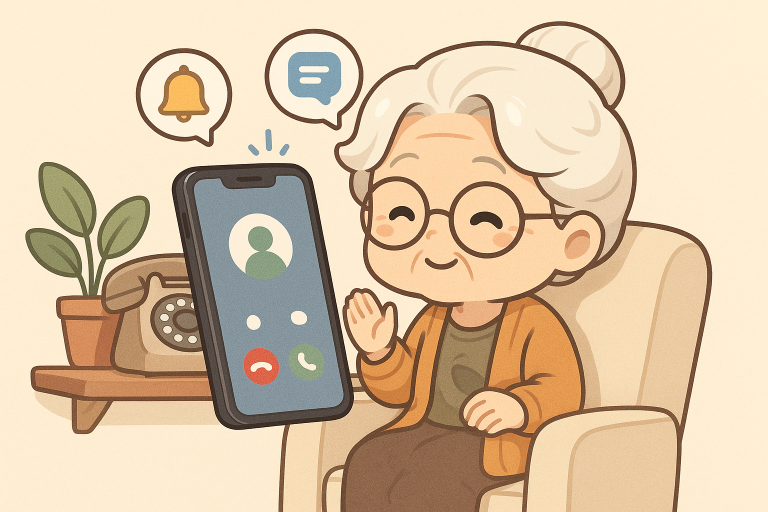 Illustration of smartphone with call screen open in a vintage rotary phone on shelf setting, with a relaxed mood.