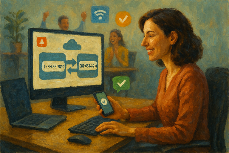 Illustration of infographic showing phone number transfer in a tech-enabled workspace setting, with a inspired mood.