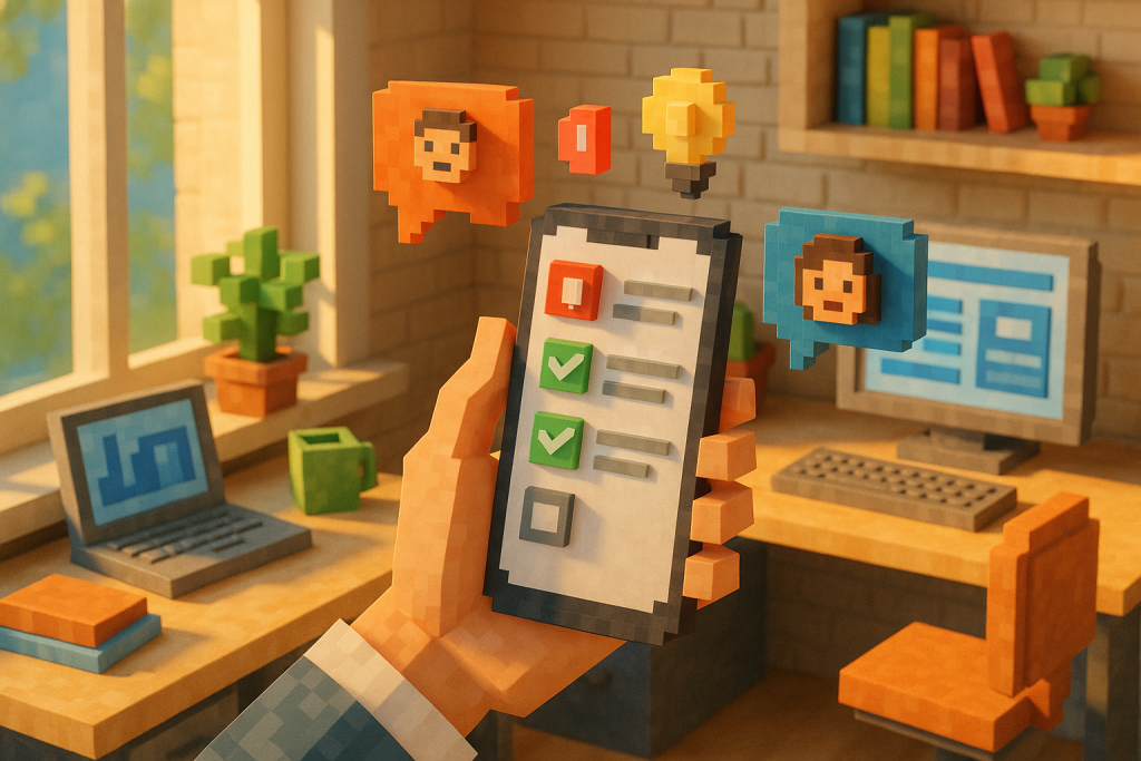 Illustration of hand holding mobile phone in a sunlit home office setting, with a inspired mood.
