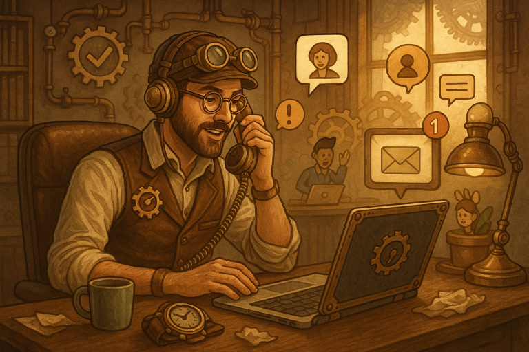 Illustration of small business owner answering call in a home office setup setting, with a focused mood.