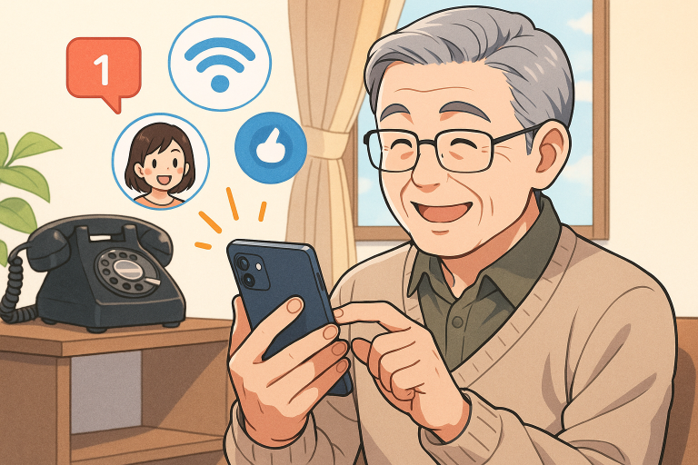 Illustration of happy senior using cell phone in a vintage rotary phone on shelf setting, with a focused mood.