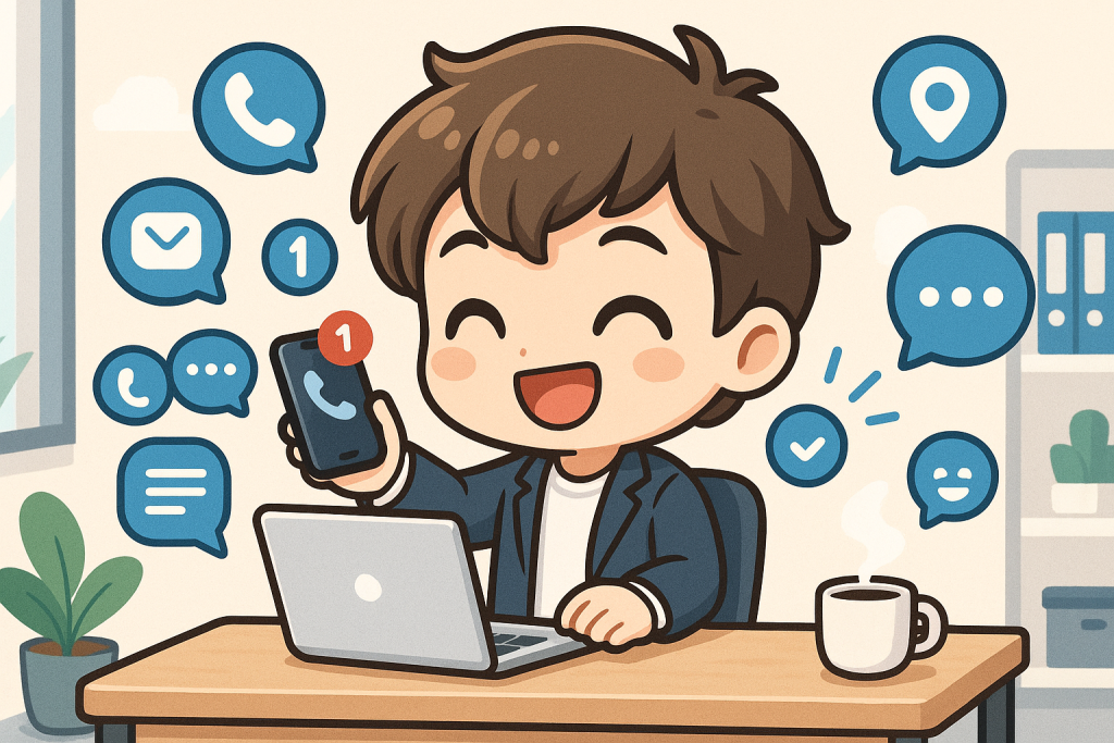 Illustration of clusters of telecom icons in a tech-enabled workspace setting, with a happy mood.