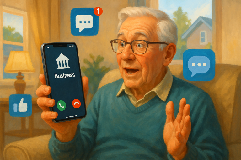 Illustration of mobile displaying call from business number in a suburban home setting, with a creative mood.