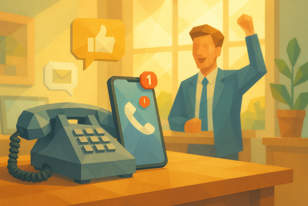 Illustration of landline phone next to smartphone in a sunlit home office setting, with a inspired mood.