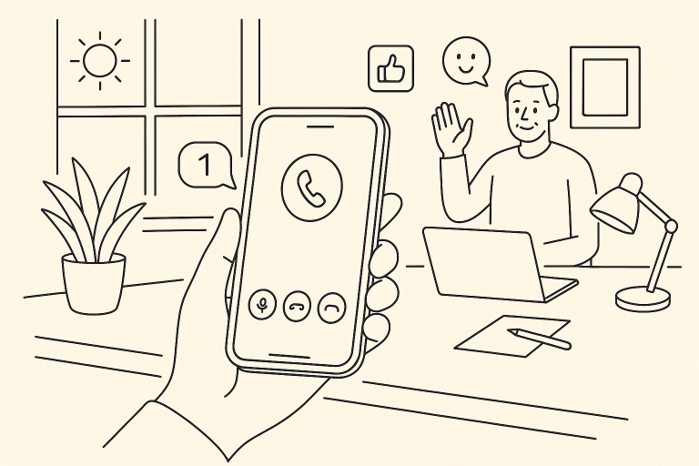 Illustration of smartphone with call screen open in a sunlit home office setting, with a creative mood.