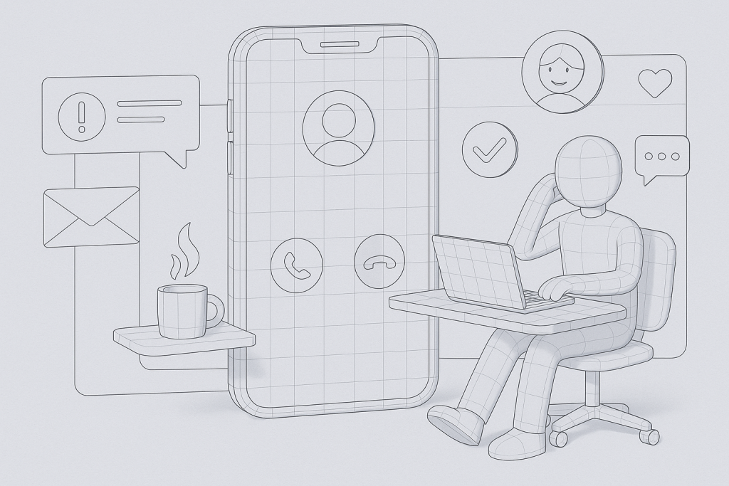 Illustration of smartphone with call screen open in a simple mobile interface setting, with a relaxed mood.