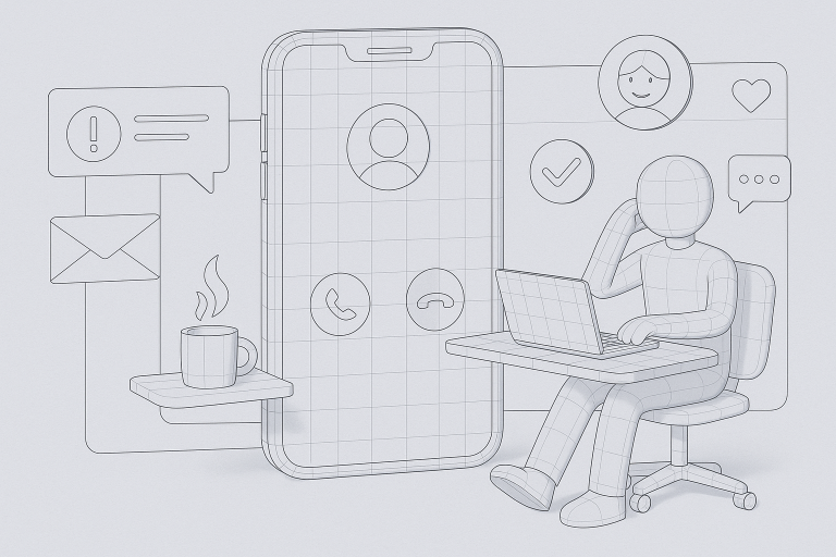 Illustration of smartphone with call screen open in a simple mobile interface setting, with a relaxed mood.