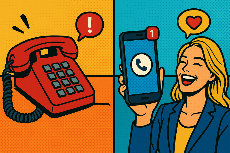 Illustration of landline phone next to smartphone in a simple mobile interface setting, with a happy mood.