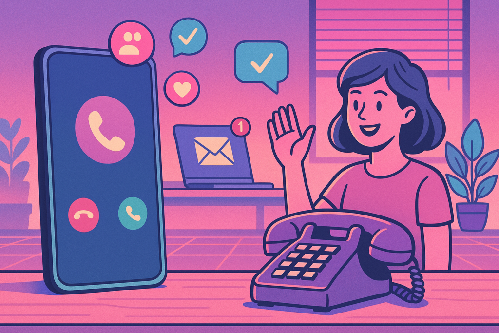 Illustration of smartphone with call screen open in a tech-enabled workspace setting, with a happy mood.