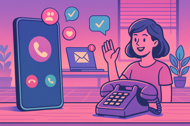 Illustration of smartphone with call screen open in a tech-enabled workspace setting, with a happy mood.