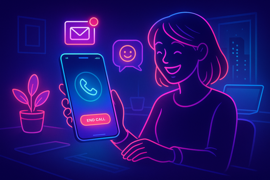 Illustration of smartphone with call screen open in a minimalist desk scene setting, with a happy mood.