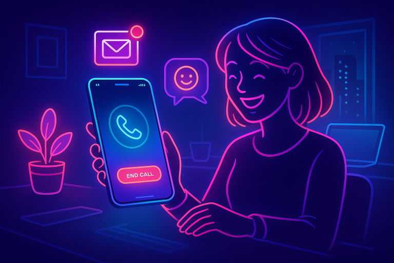 Illustration of smartphone with call screen open in a minimalist desk scene setting, with a happy mood.