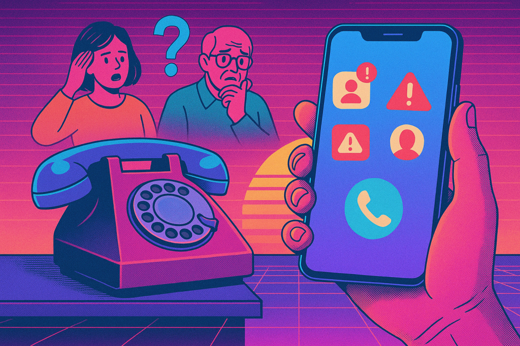 Illustration of hand holding mobile phone in a vintage rotary phone on shelf setting, with a determined mood.