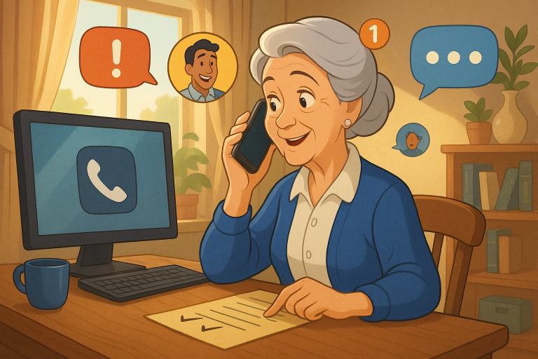 Illustration of person receiving a call on mobile in a sunlit home office setting, with a creative mood.