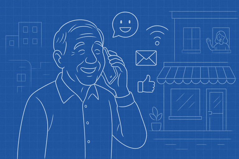 Illustration of happy senior using cell phone in a urban small business storefront setting, with a happy mood.