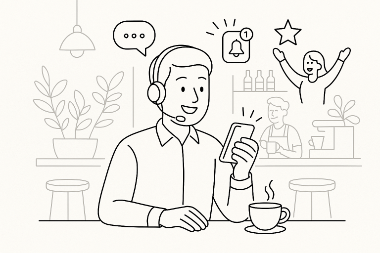 Illustration of friendly customer support agent in a coffee shop interior setting, with a inspired mood.