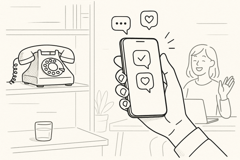 Illustration of hand holding mobile phone in a vintage rotary phone on shelf setting, with a relaxed mood.