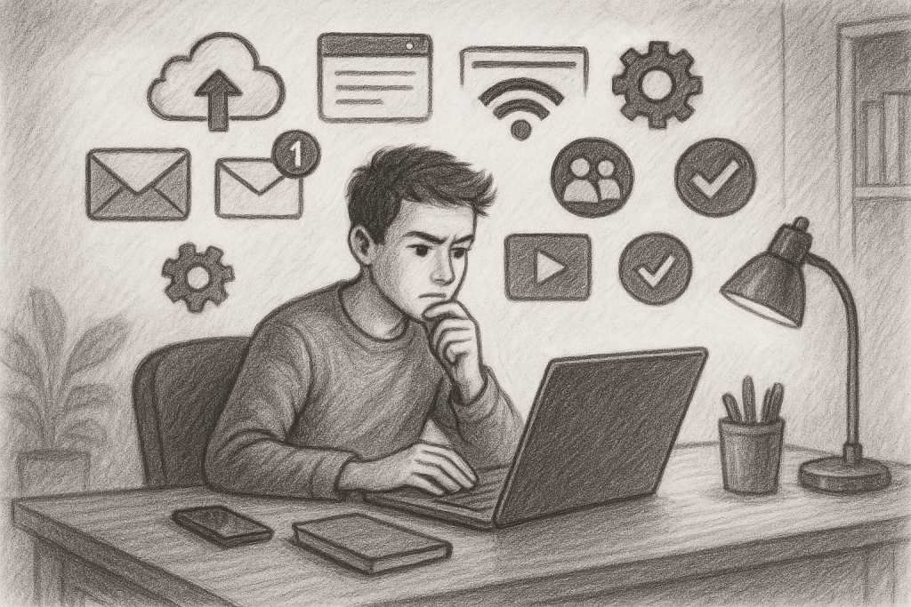 Illustration of clusters of telecom icons in a home office setup setting, with a determined mood.
