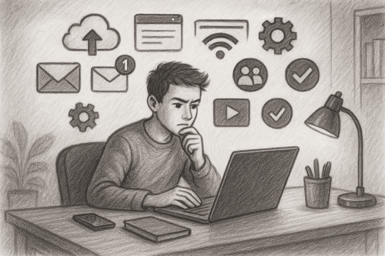 Illustration of clusters of telecom icons in a home office setup setting, with a determined mood.