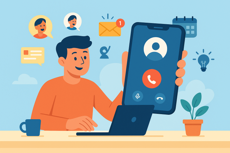 Illustration of smartphone with call screen open in a minimalist desk scene setting, with a creative mood.