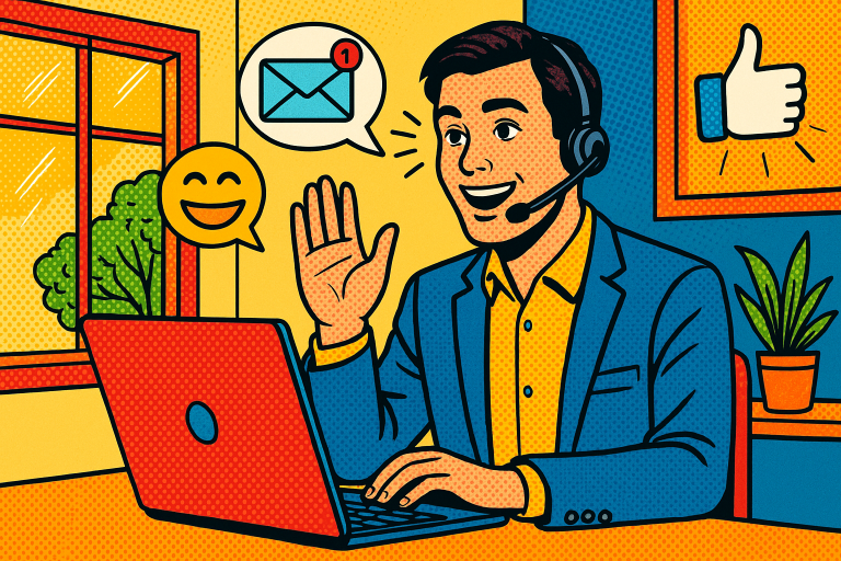 Illustration of friendly customer support agent in a sunlit home office setting, with a inspired mood.