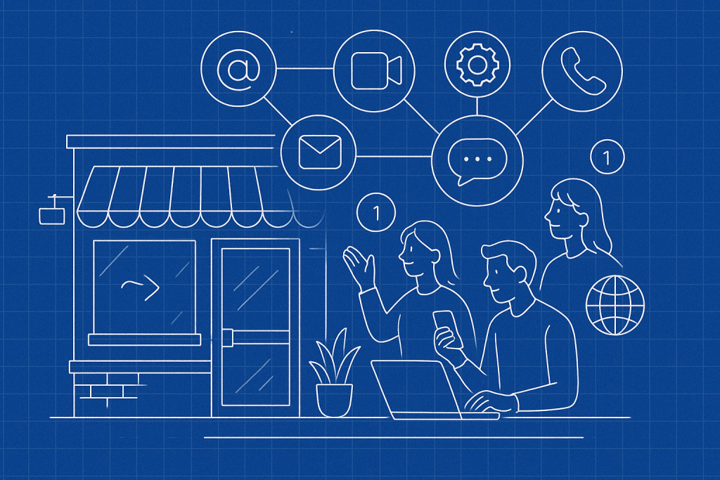 Illustration of clusters of telecom icons in a urban small business storefront setting, with a creative mood.