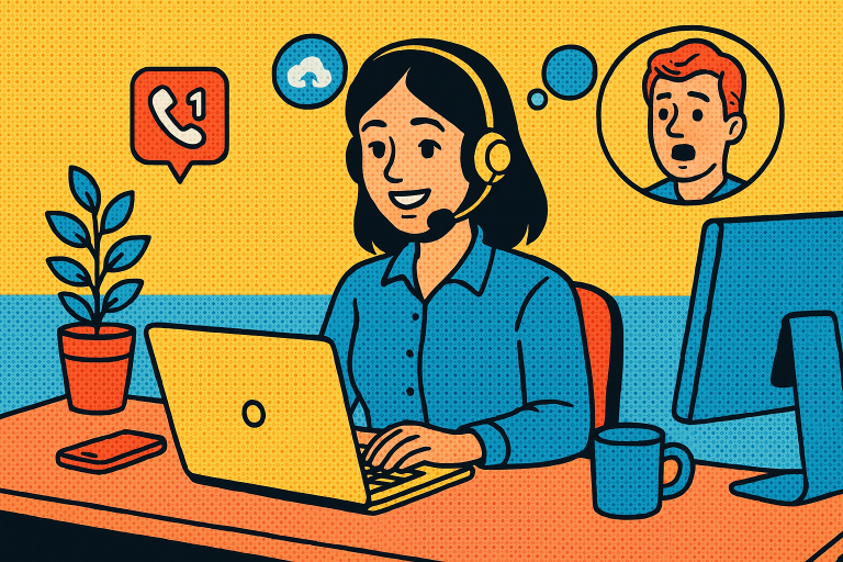 Illustration of friendly customer support agent in a home office setup setting, with a focused mood.